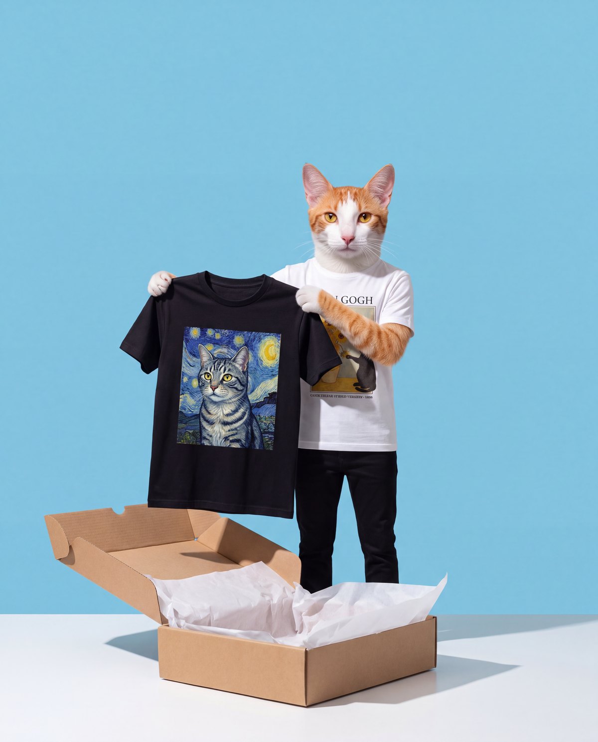 Felix holding up a finished black t-shirt printed with a Starry Night portrait of a gray tabby cat, above an open shipping box