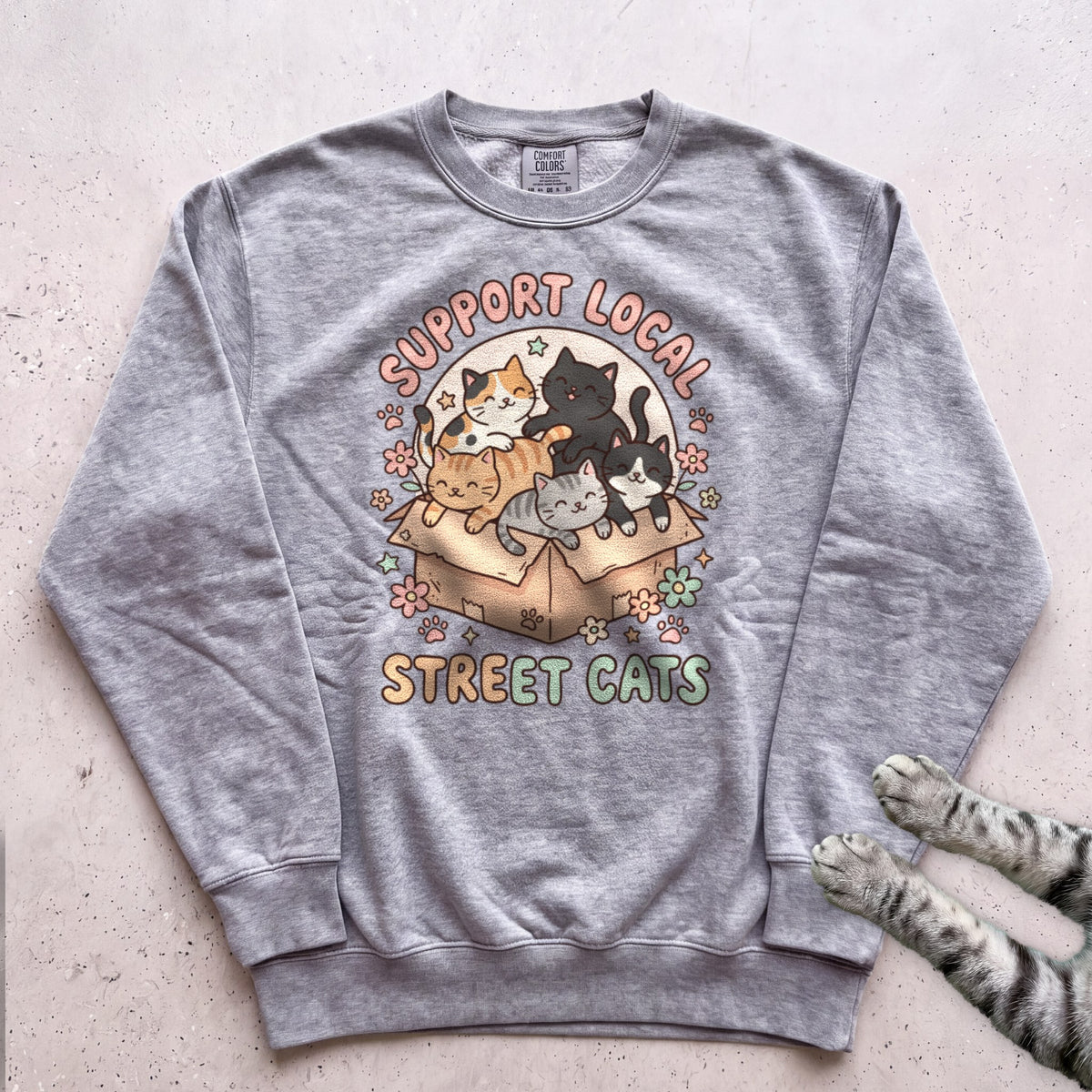 Support Local Street Cats Box Crew Sweatshirt - Grey