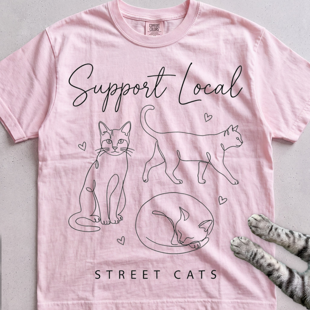 Support Local Street Cats Line Art T-Shirt - Blossom