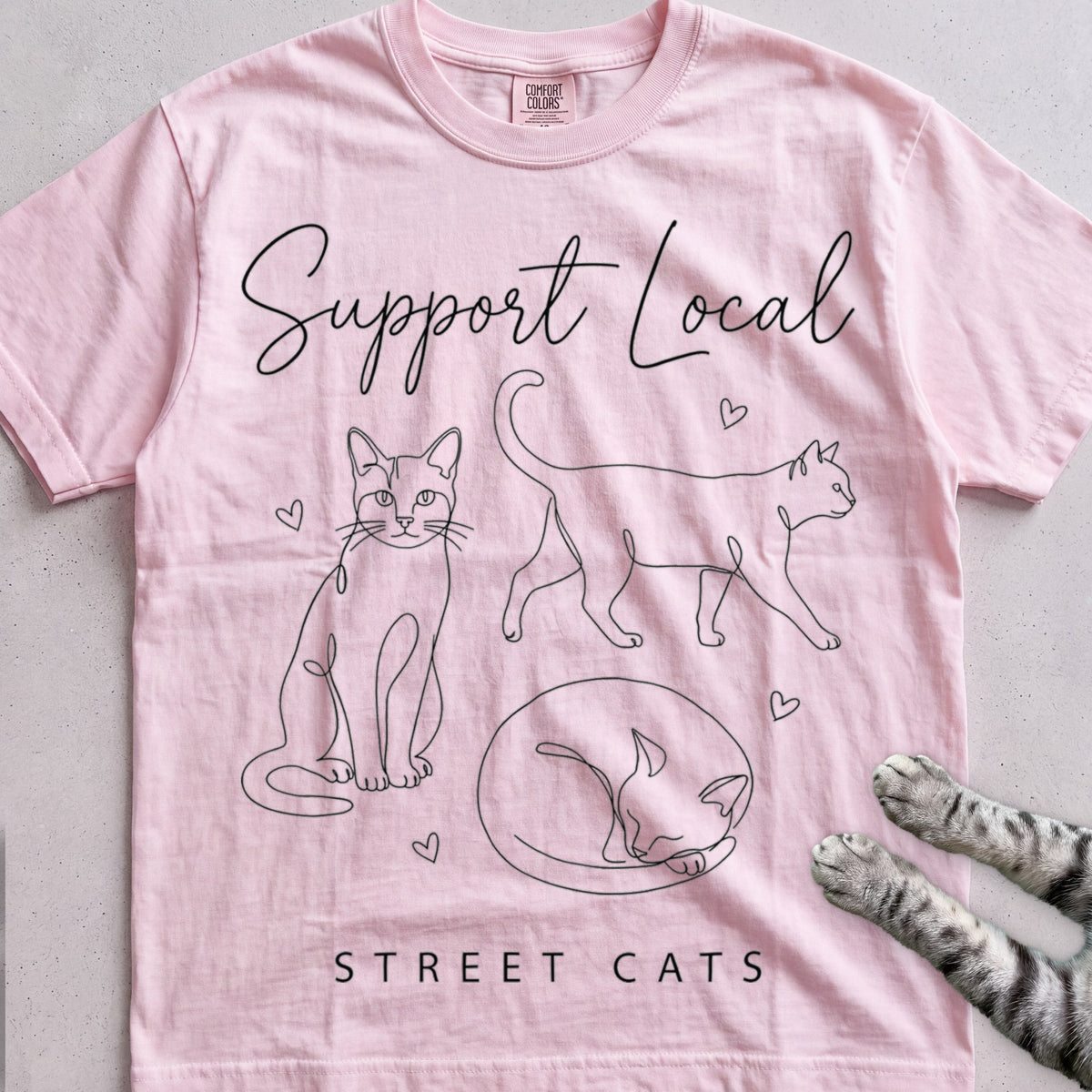 Support Local Street Cats Line Art T-Shirt - Blossom
