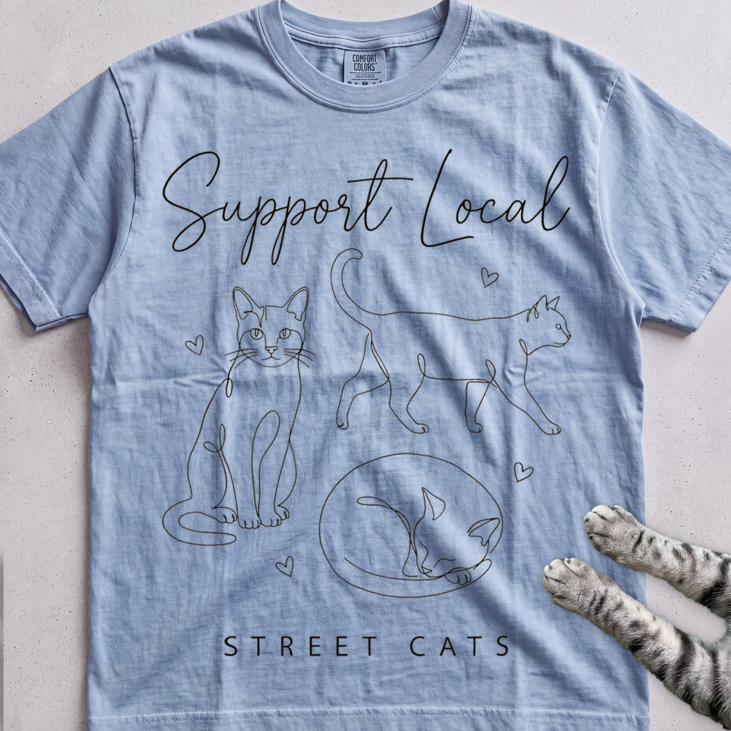 Support Local Street Cats Line Art T-Shirt - Chambray