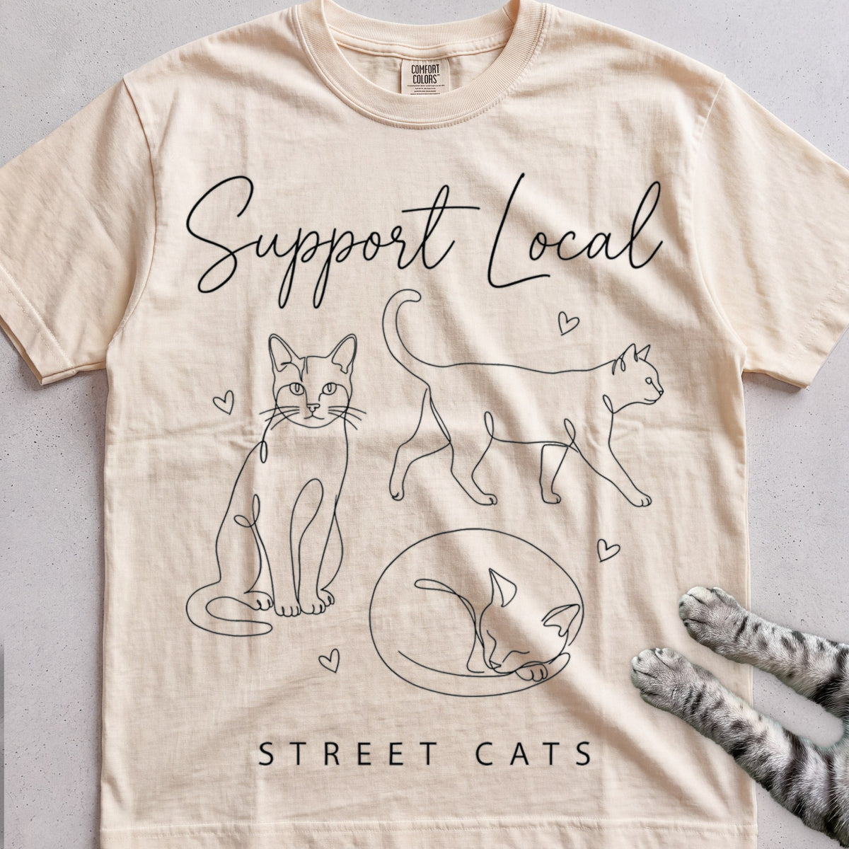 Support Local Street Cats Line Art T-Shirt - Ivory