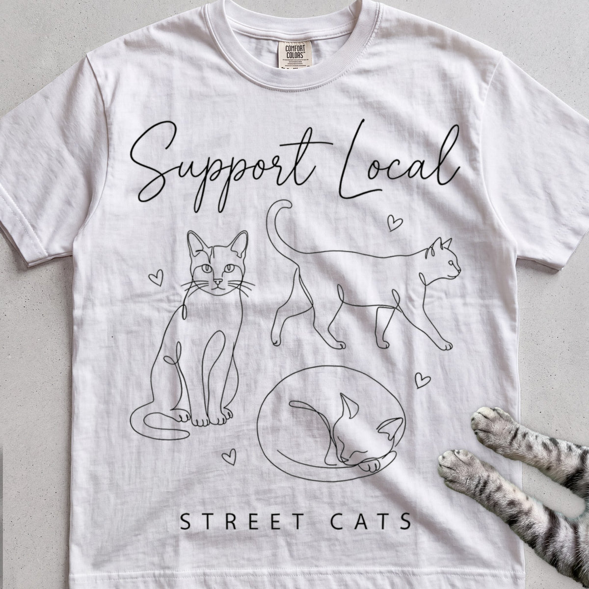 Support Local Street Cats Line Art T-Shirt - White