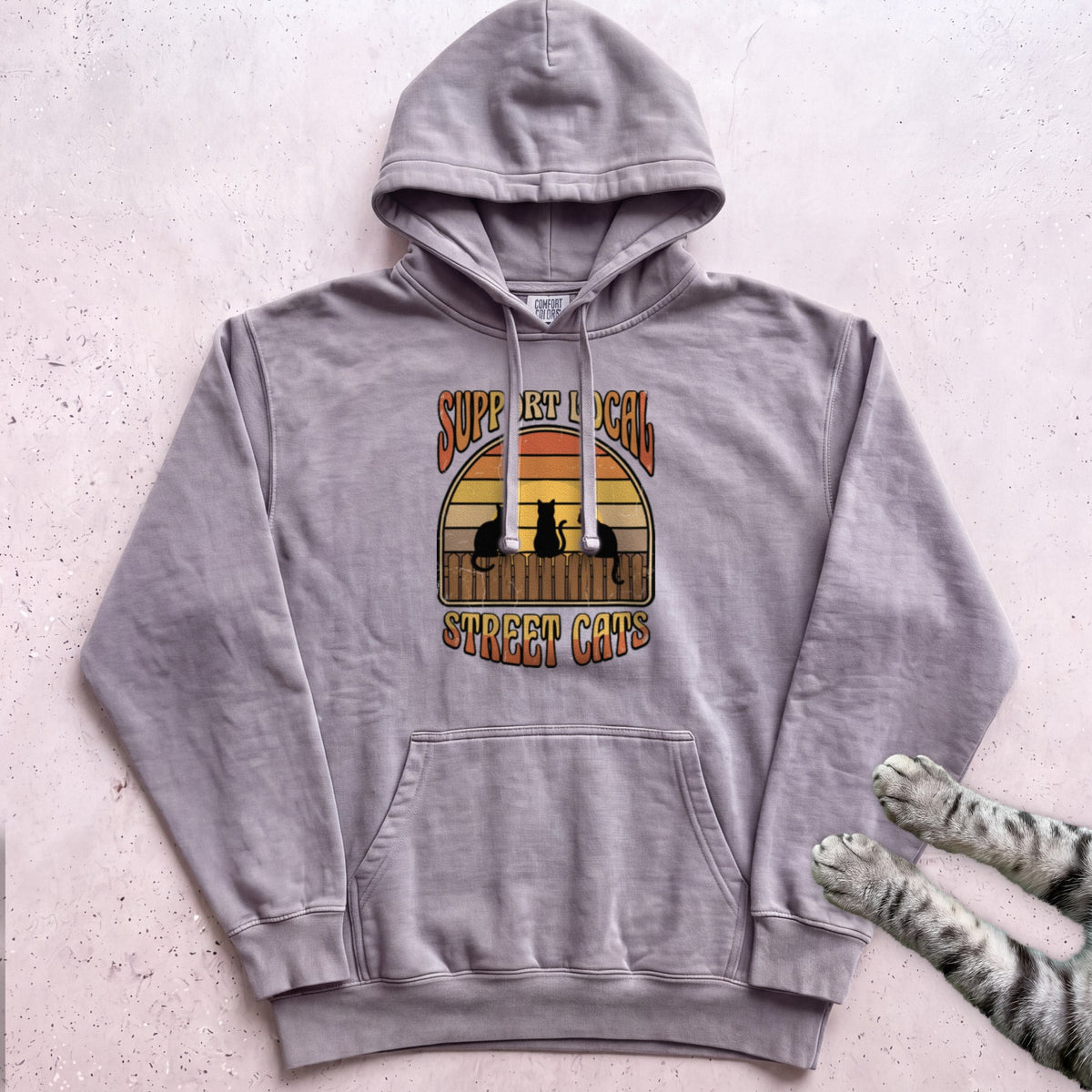 Support Local Street Cats Retro Sunset Hoodie - Grey