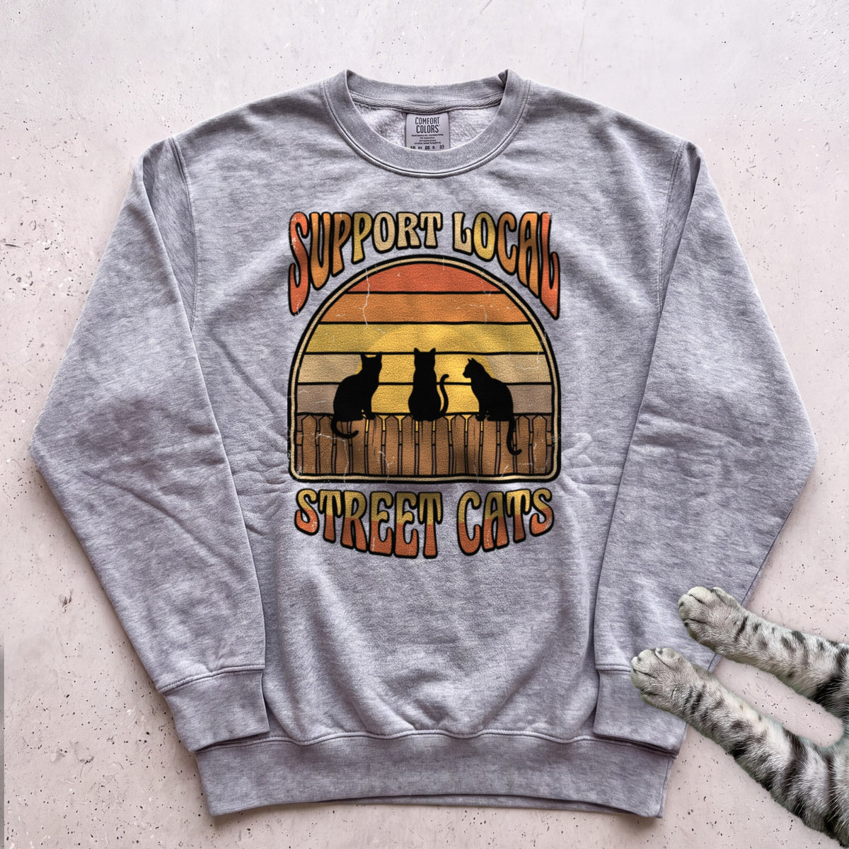Support Local Street Cats Retro Sunset Sweatshirt - Grey