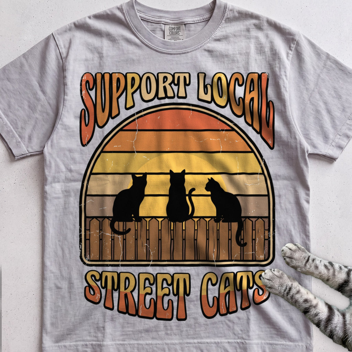 Support Local Street Cats Retro Sunset T-Shirt - Granite