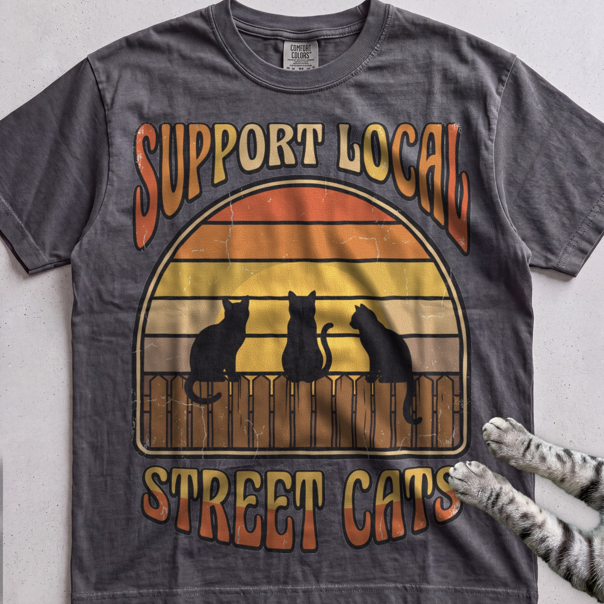 Support Local Street Cats Retro Sunset T-Shirt - Pepper