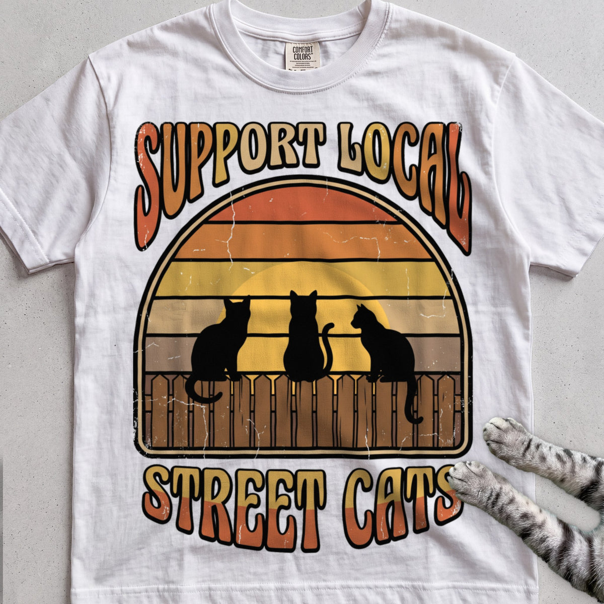 Support Local Street Cats Retro Sunset T-Shirt - White