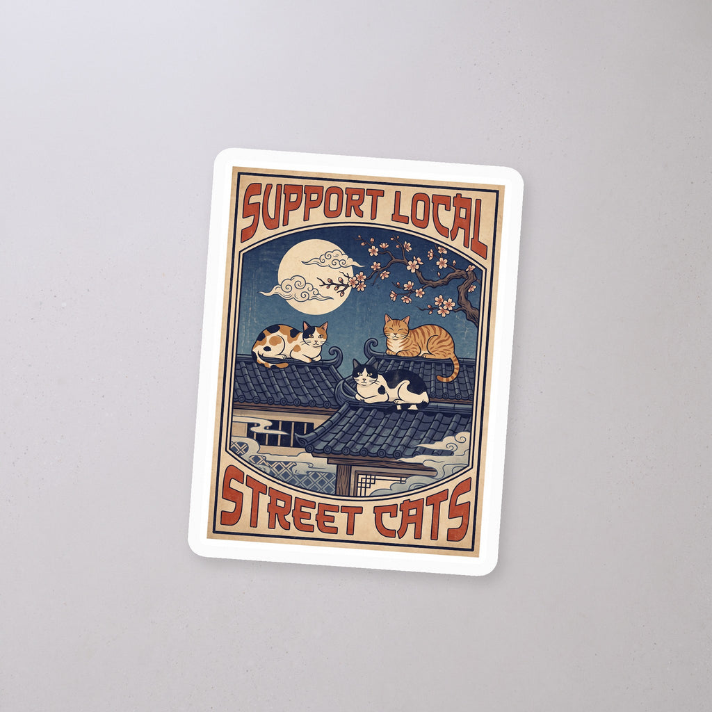 Support Local Street Cats Rooftop Print Sticker on a concrete floor
