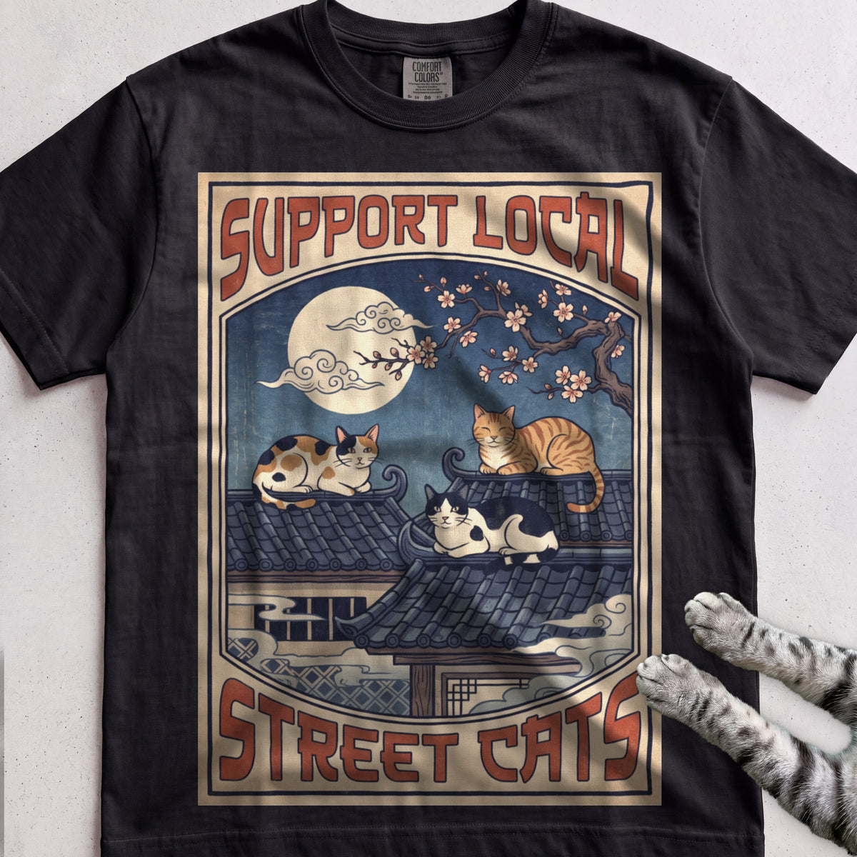Support Local Street Cats Rooftop Print T-Shirt - Black