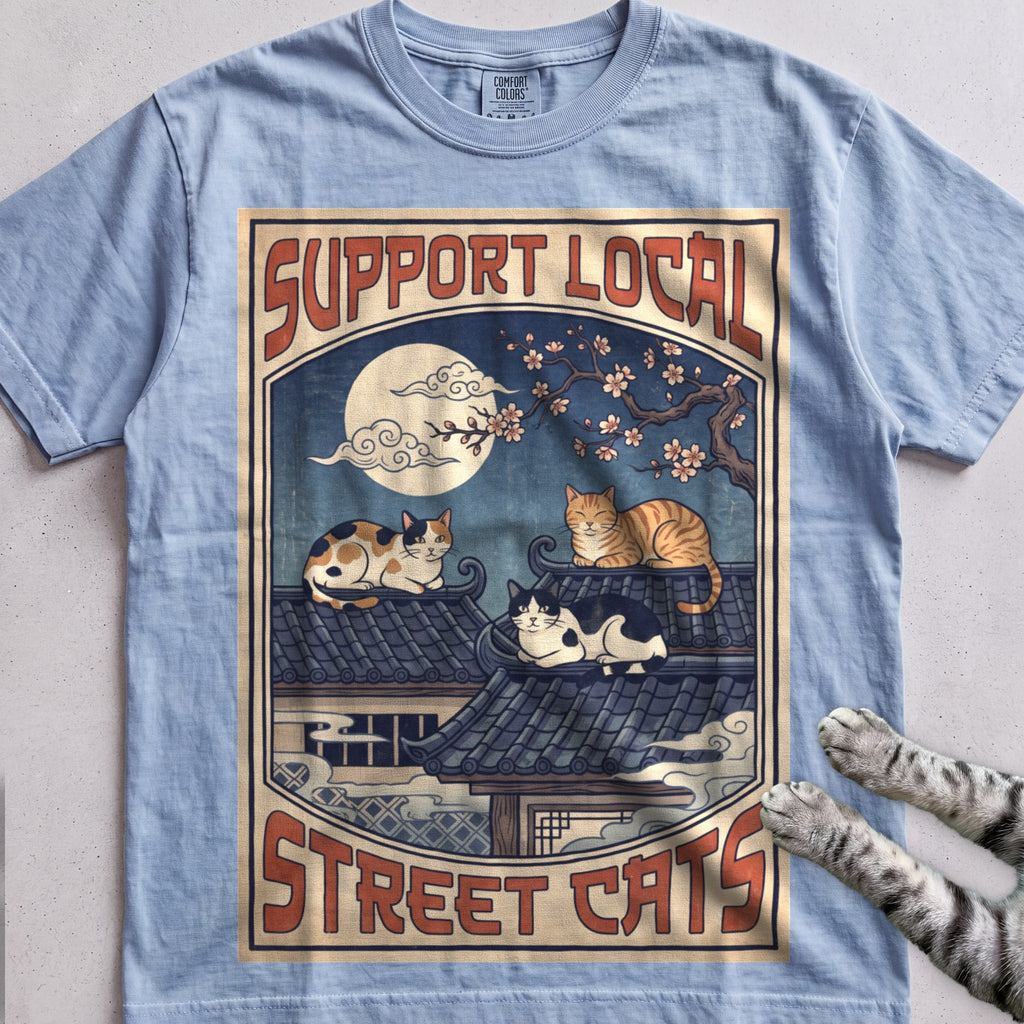 Support Local Street Cats Rooftop Print T-Shirt - Chambray