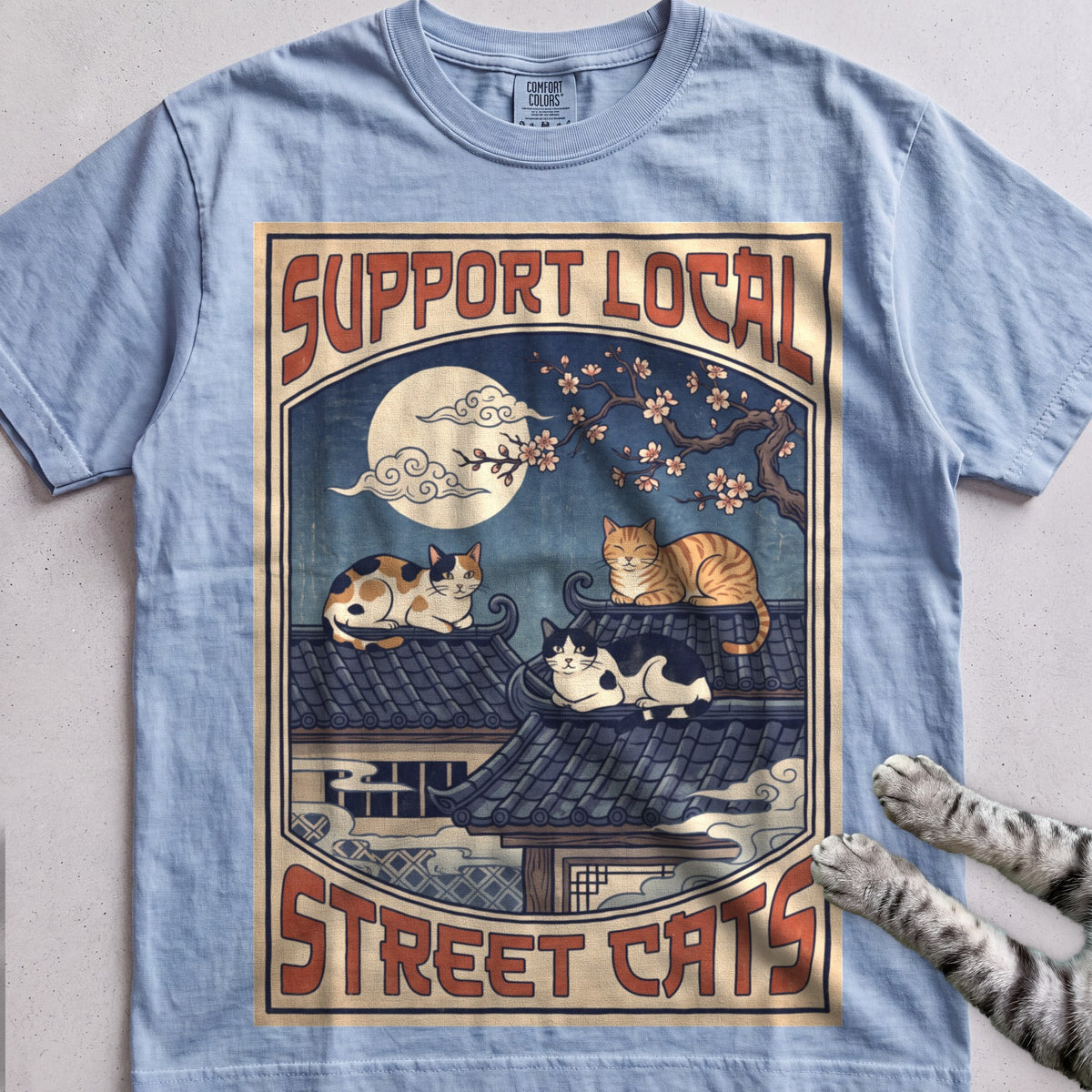 Support Local Street Cats Rooftop Print T-Shirt - Chambray