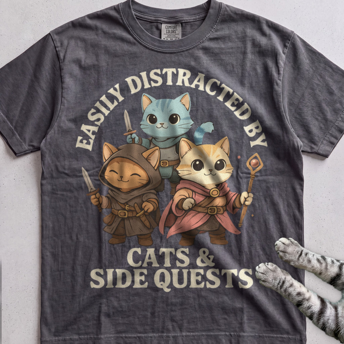 Cats & Side Quests tee, Dark Heather
