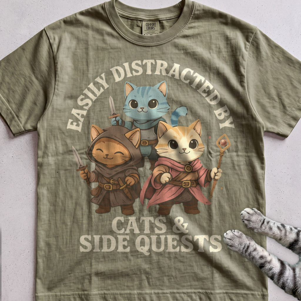 Cats & Side Quests tee, Military Green