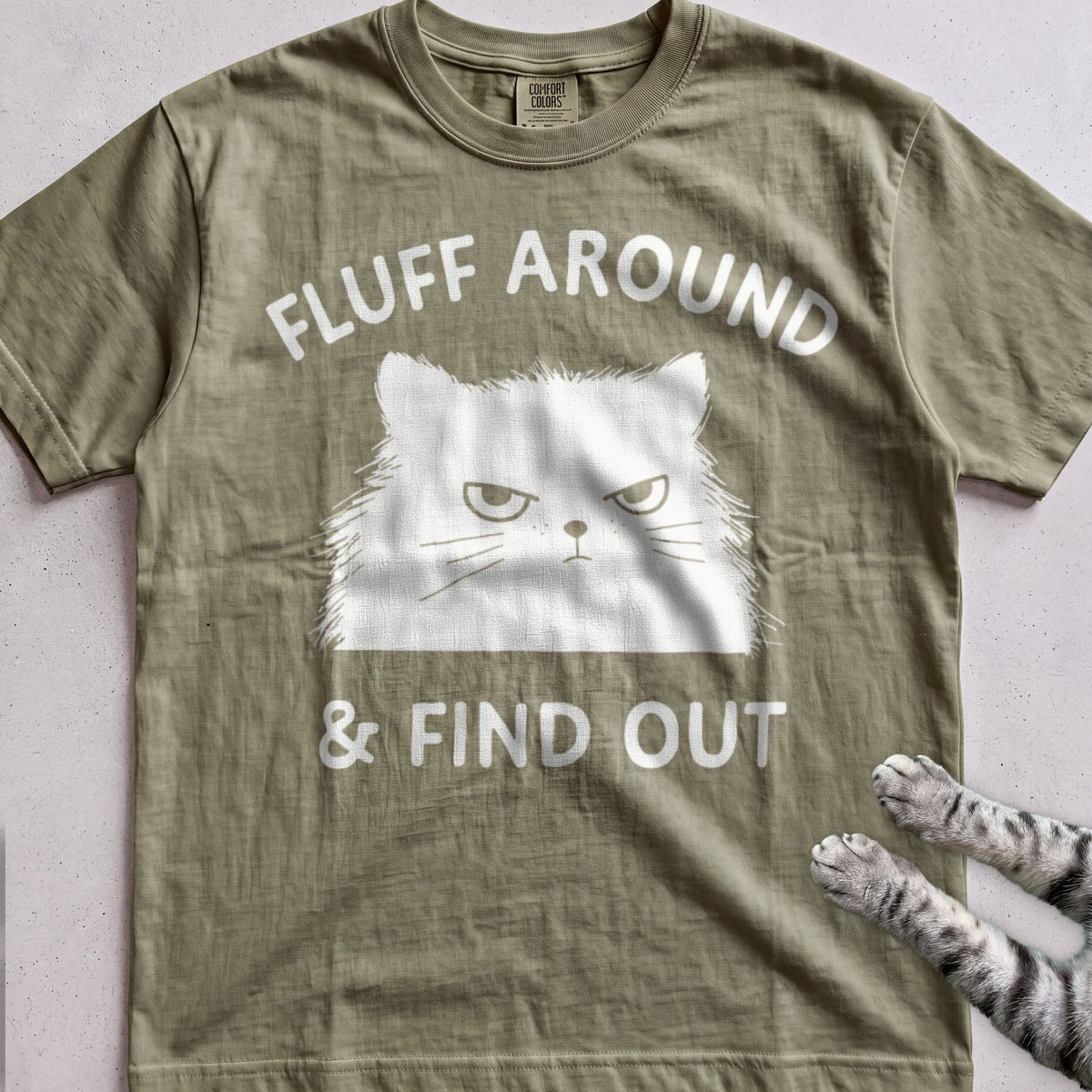 Fluff Around & Find Out Cat tee, Military Green