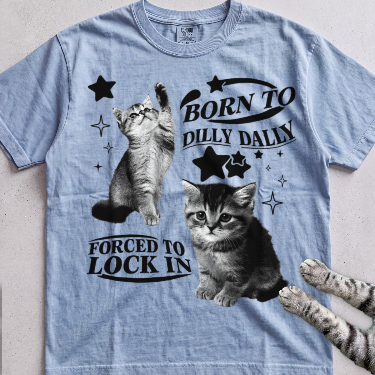 Born to Dilly Dally, Forced to Lock In Cat tee, Light Blue