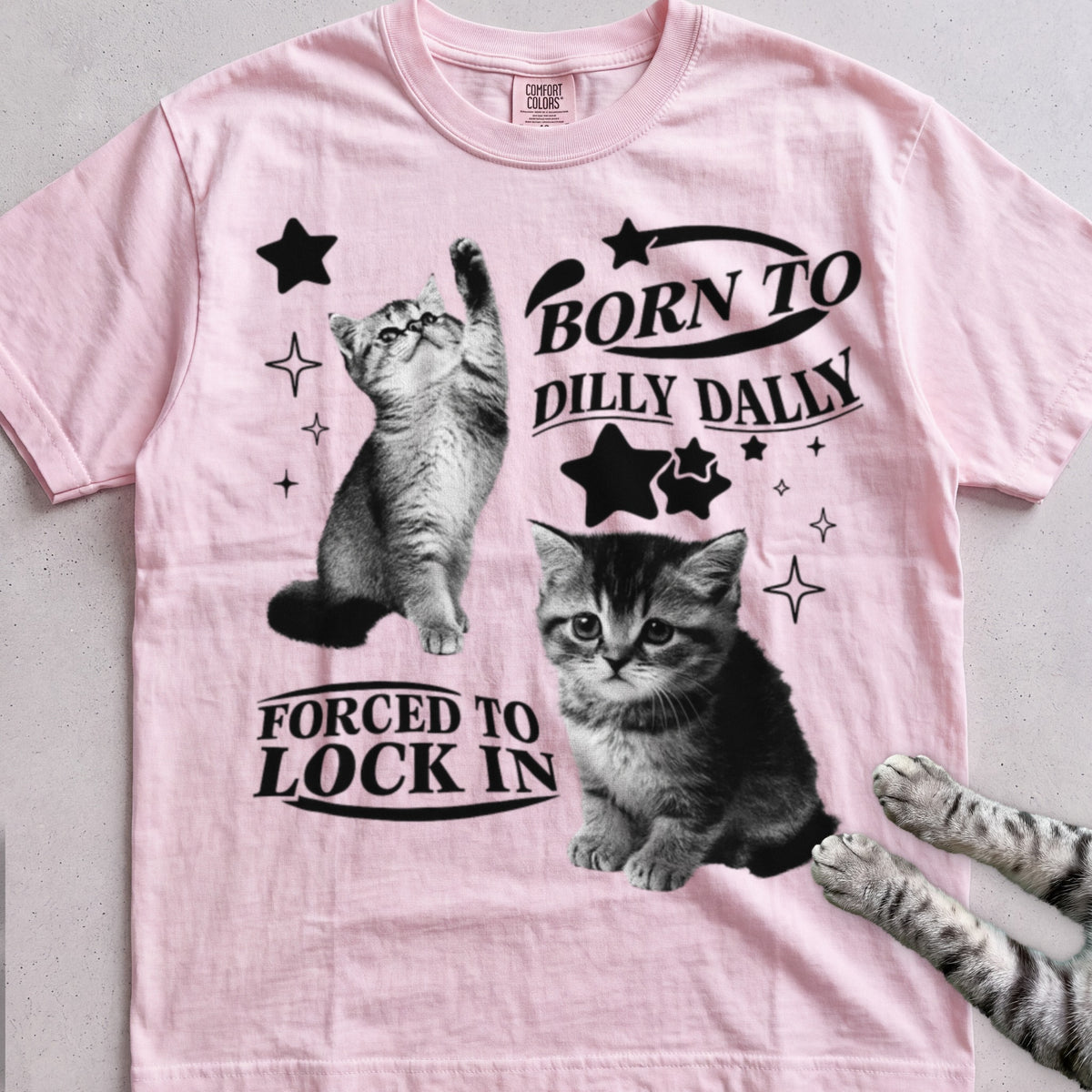 Born to Dilly Dally, Forced to Lock In Cat tee, Light Pink