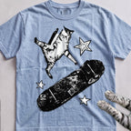 Skateboarding Cat tee, Light Blue
