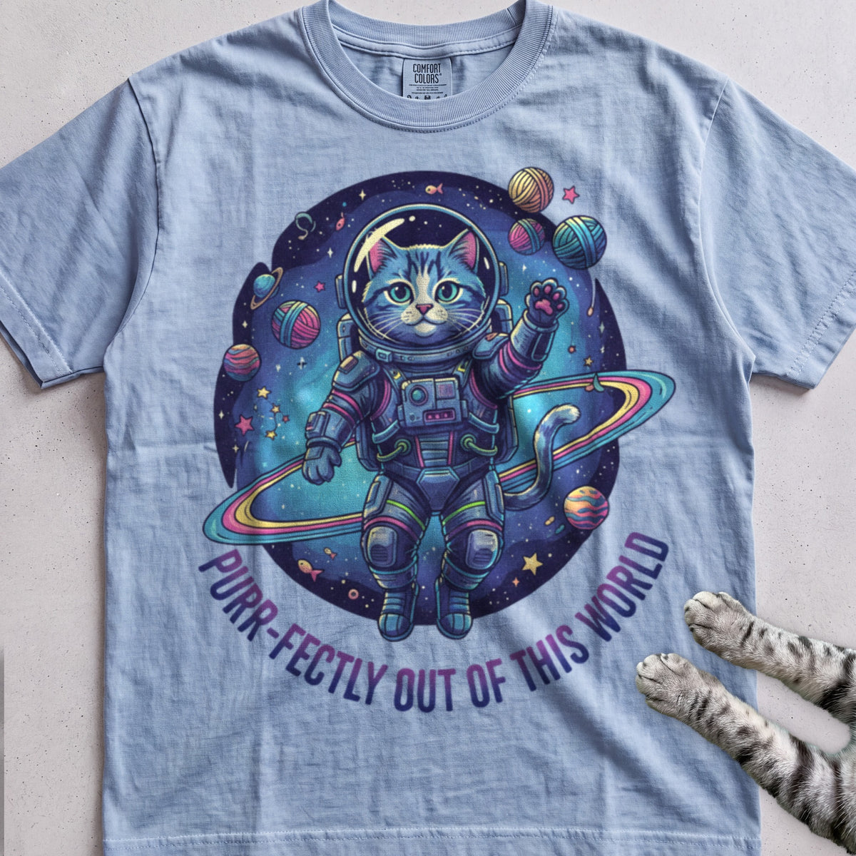 Astronaut Cat tee, Light Blue