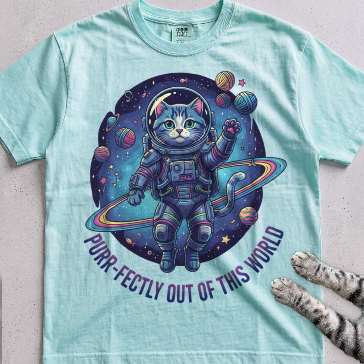 Astronaut Cat tee, Mint Green