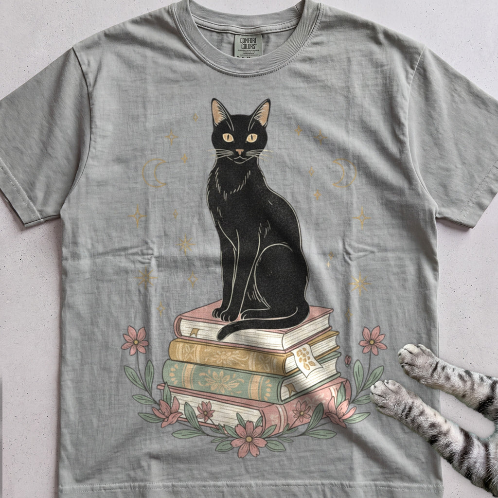 Black Cat on Books tee, Sage