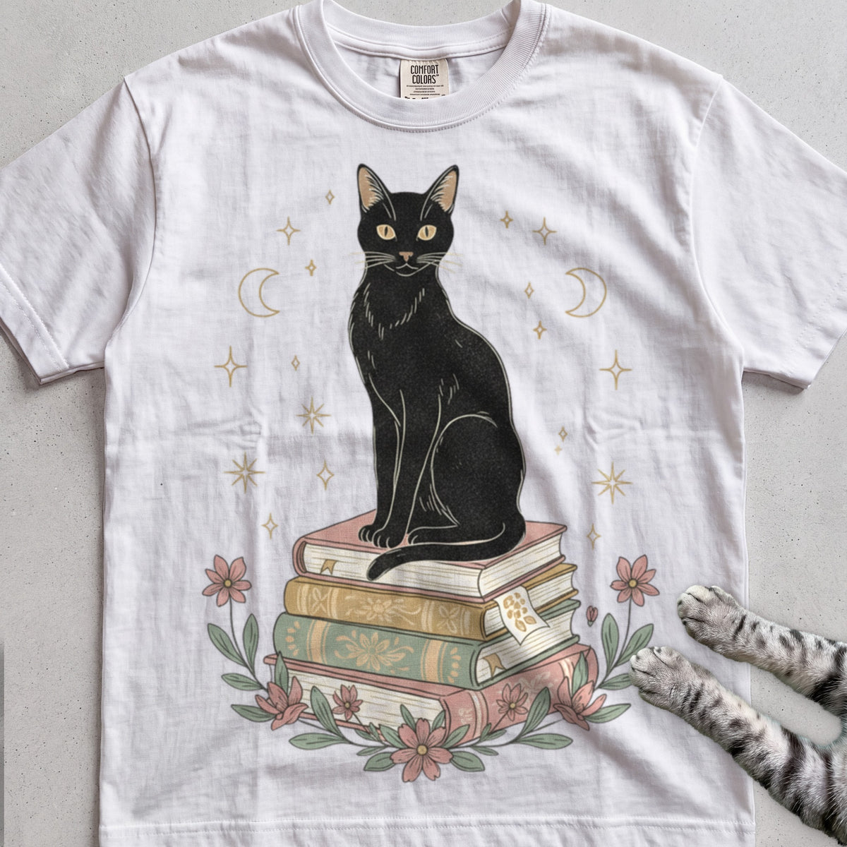 Black Cat on Books tee, White