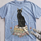 Black Cat on Books tee, Light Blue