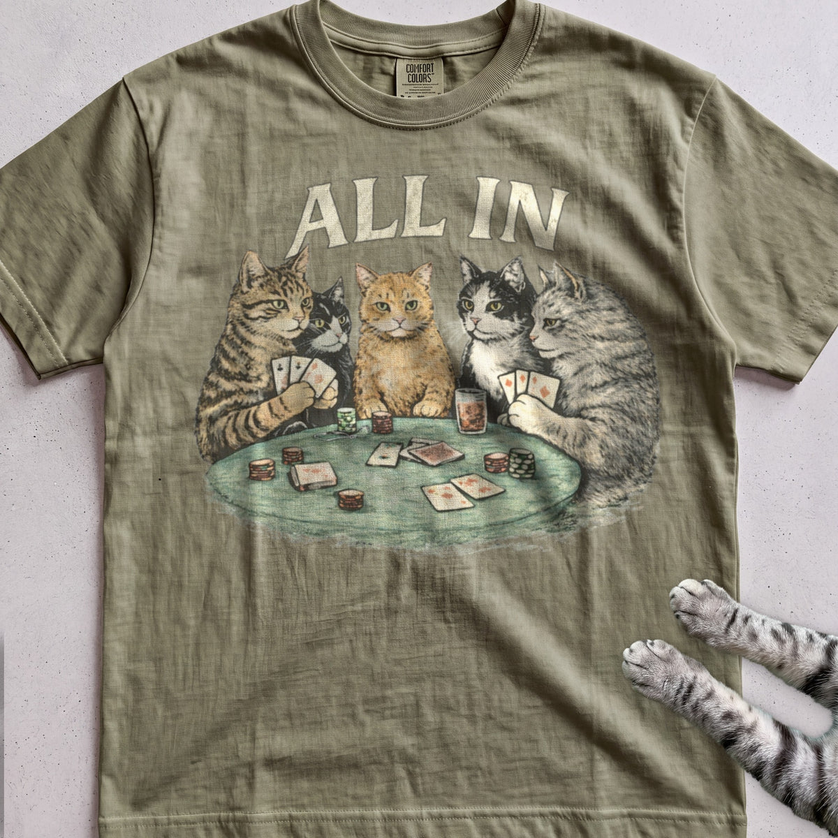 All In Poker Cats tee, Military Green