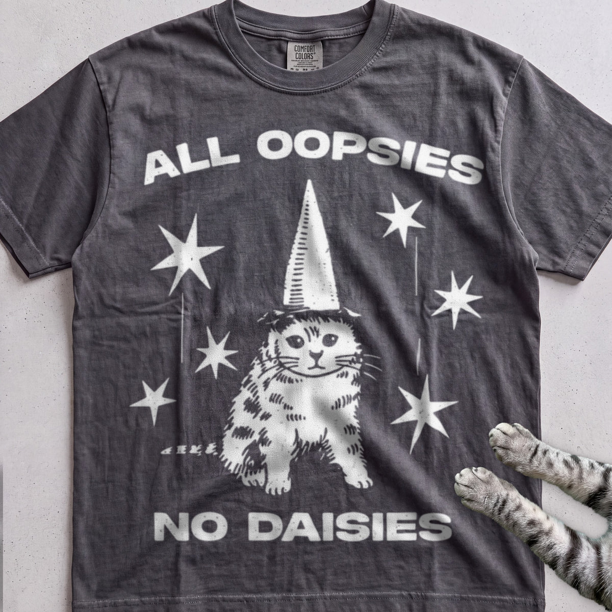 All Oopsies No Daisies Cat tee, Dark Heather Grey