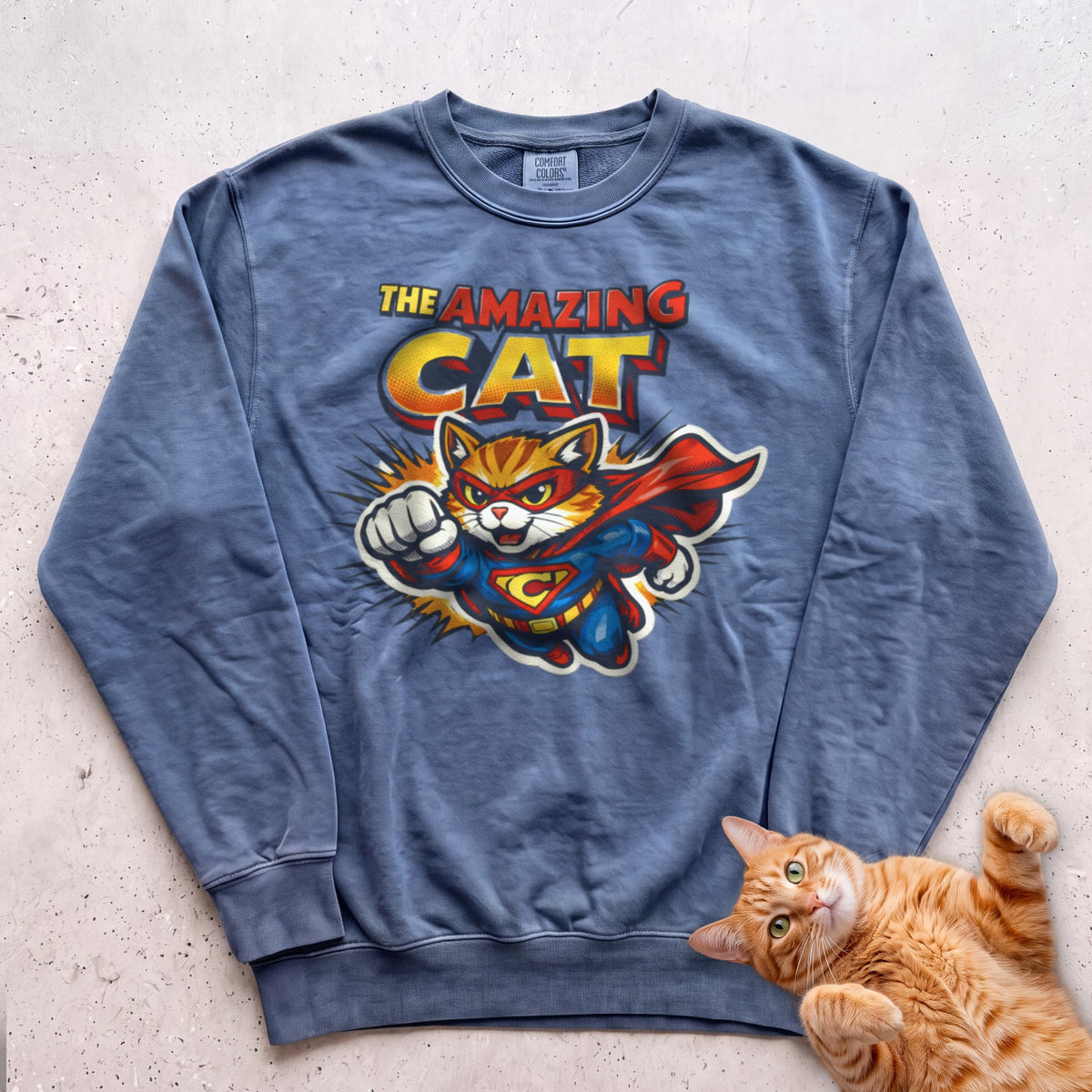 The Amazing Cat Superhero Personalized Custom Sweatshirt - Blue Jean