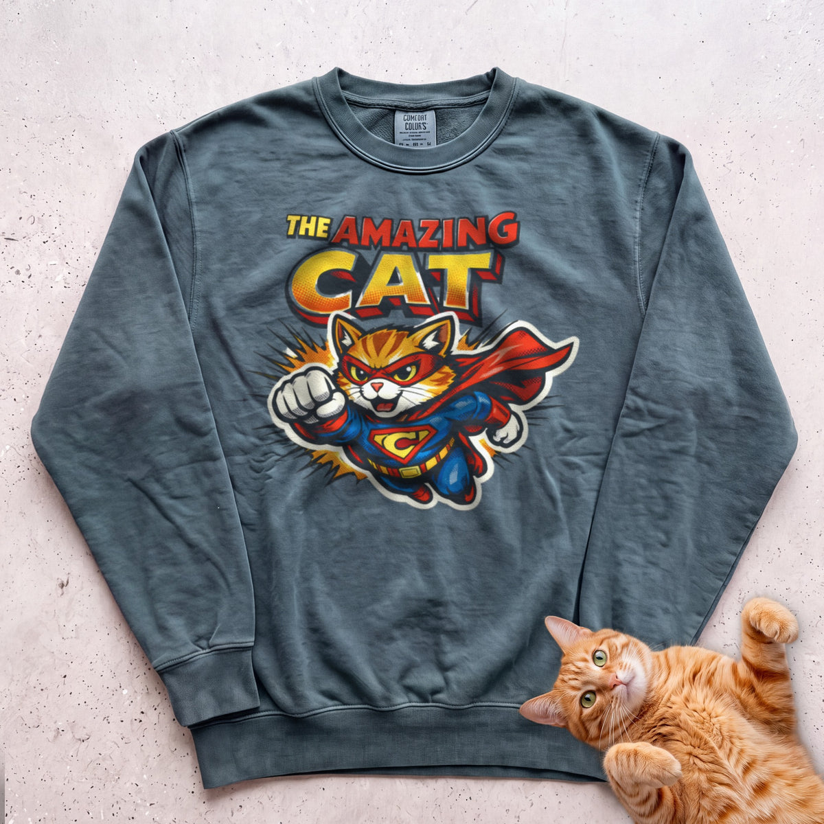 The Amazing Cat Superhero Personalized Custom Sweatshirt - Blue Spruce