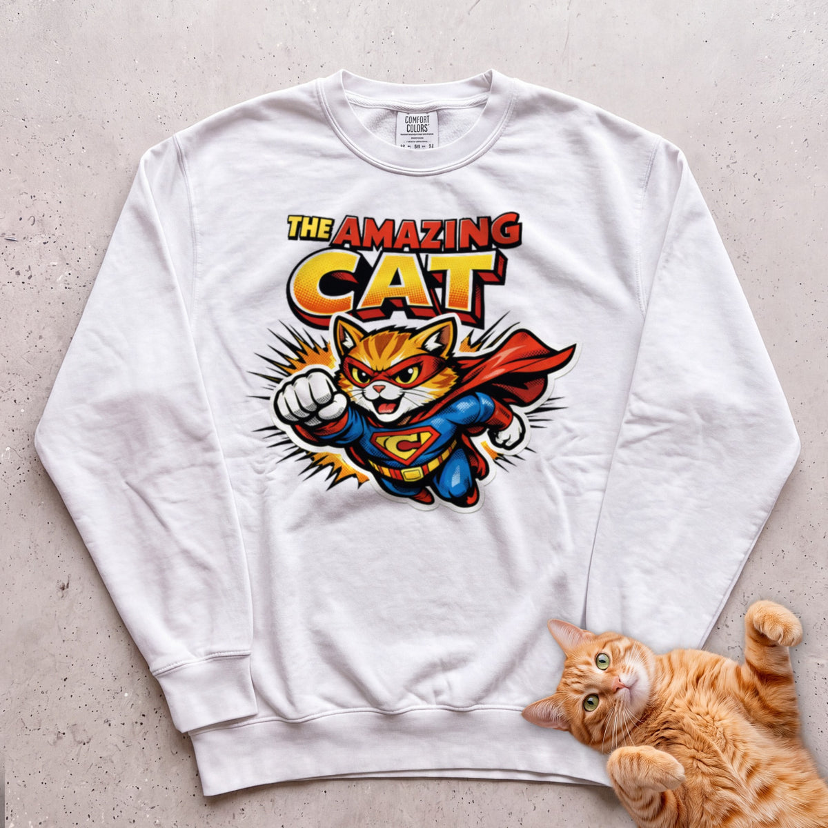 The Amazing Cat Superhero Personalized Custom Sweatshirt - White