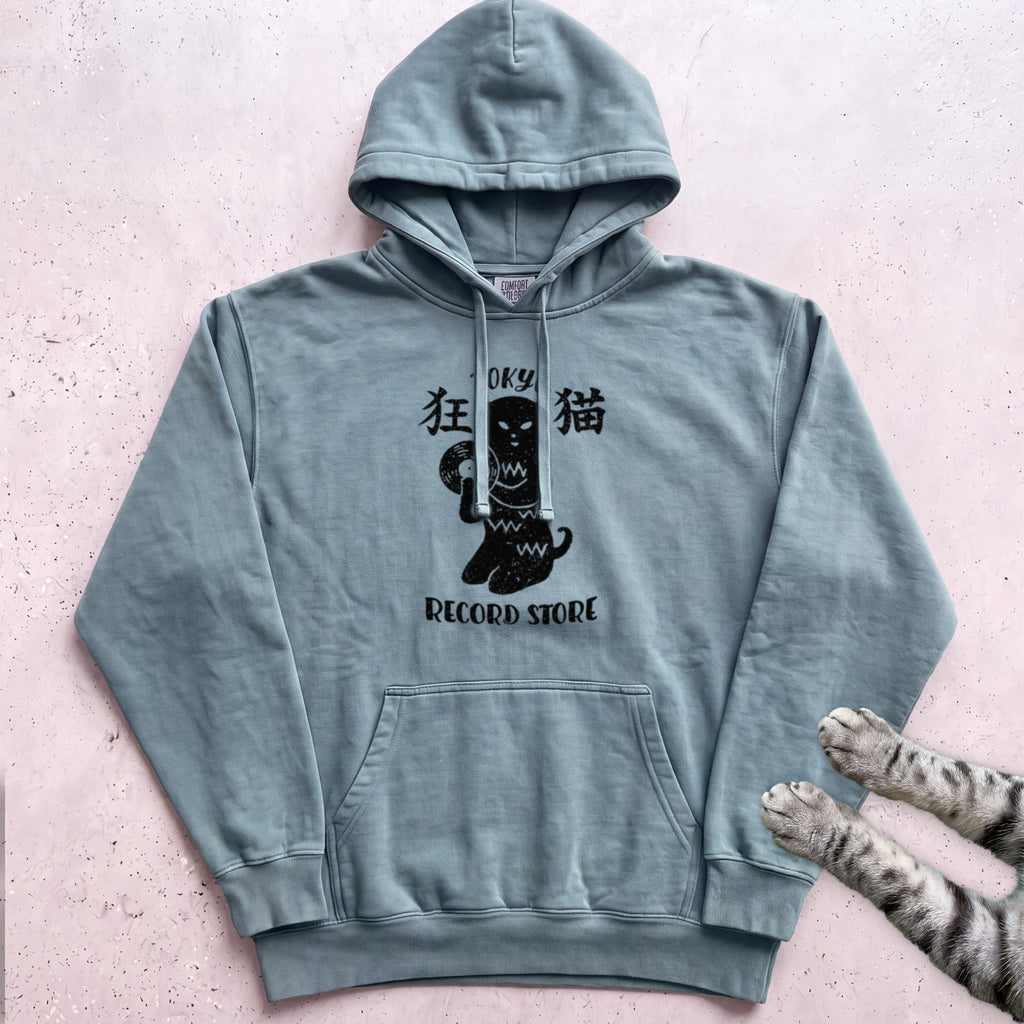 Tokyo Record Store Cat Hoodie - Seafoam