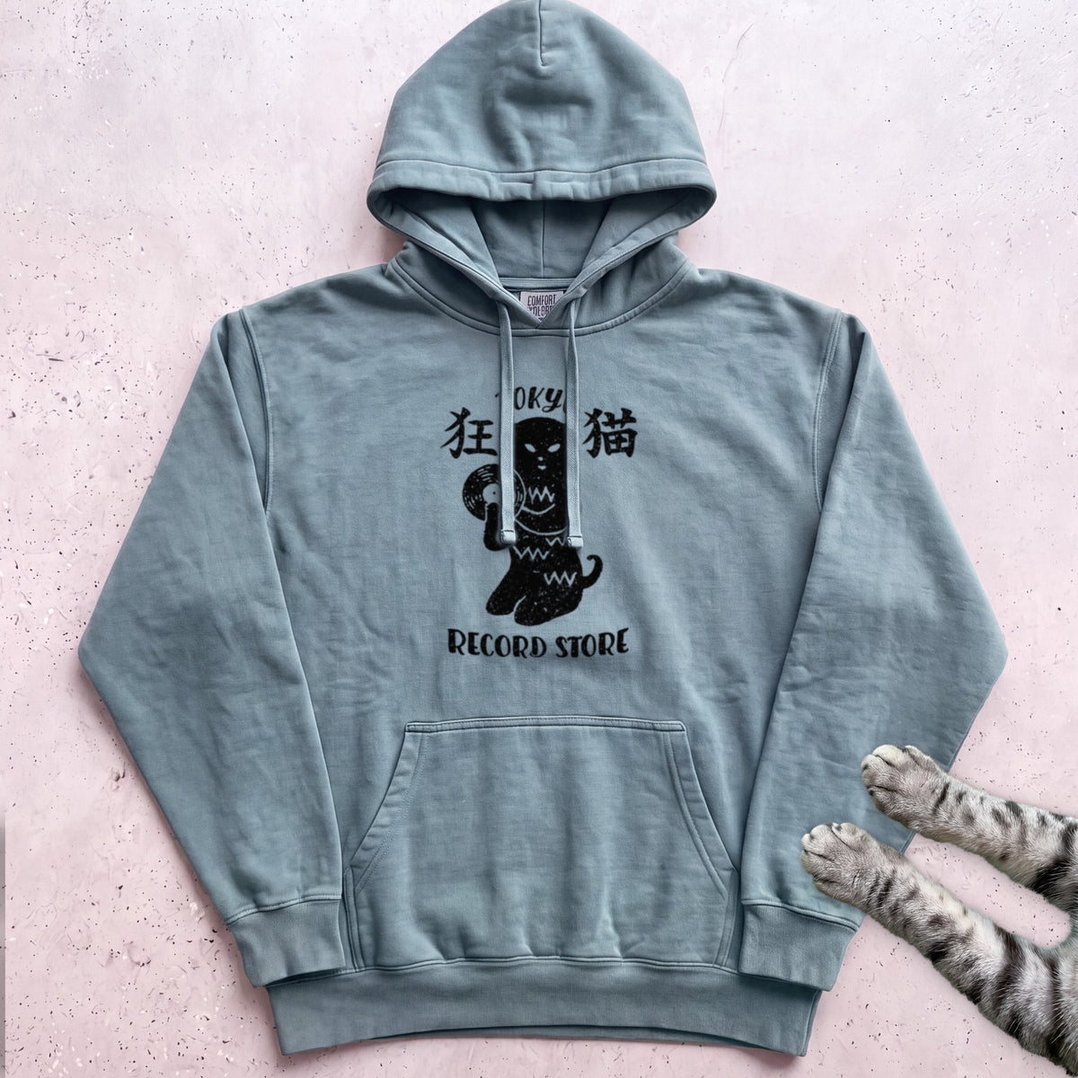 Tokyo Record Store Cat Hoodie - Seafoam