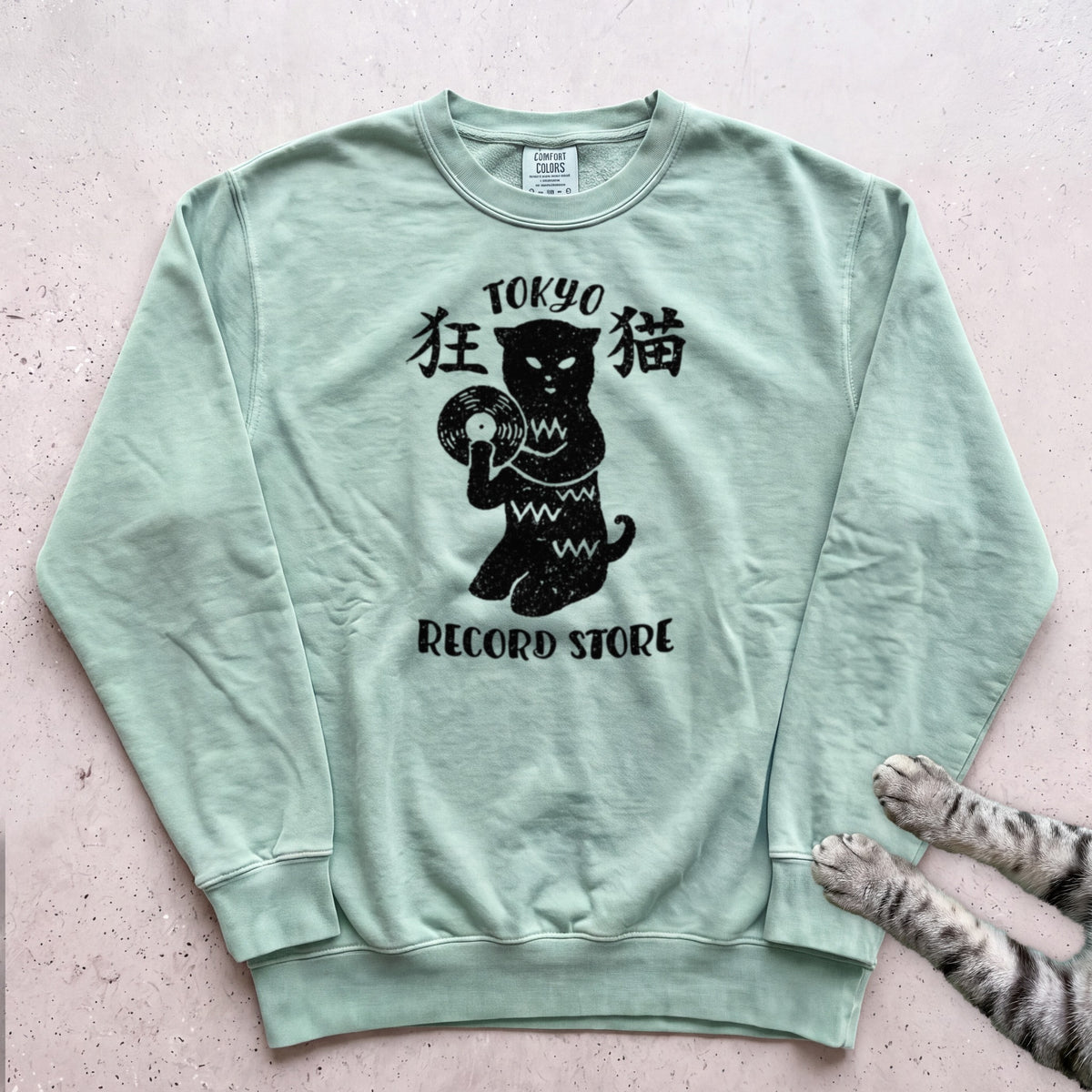 Tokyo Record Store Cat Sweatshirt - Light Green