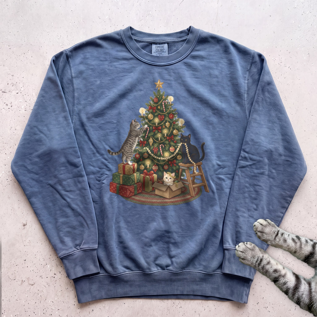 Trimming the Tree Cat Sweatshirt - Blue Jean