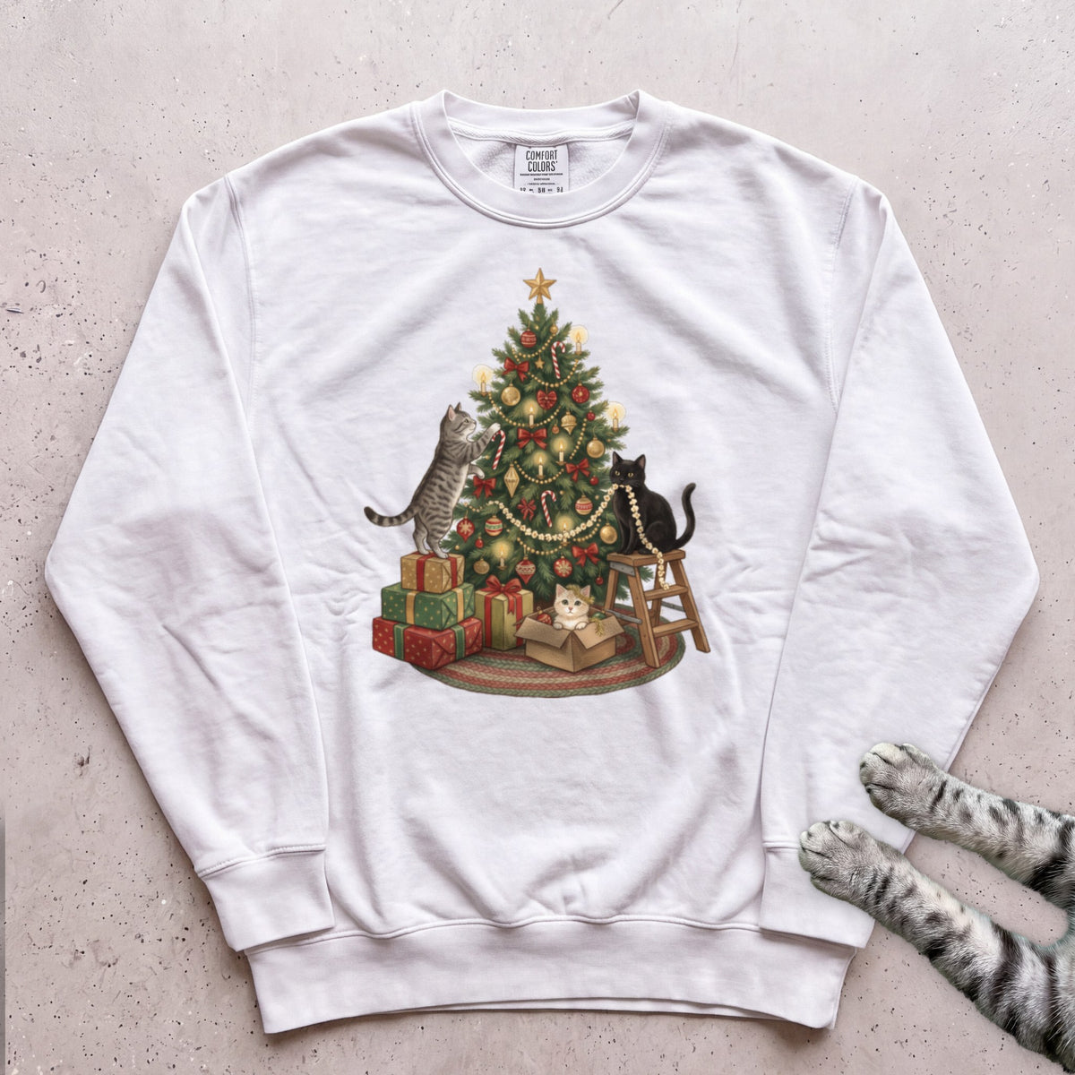 Trimming the Tree Cat Sweatshirt - White