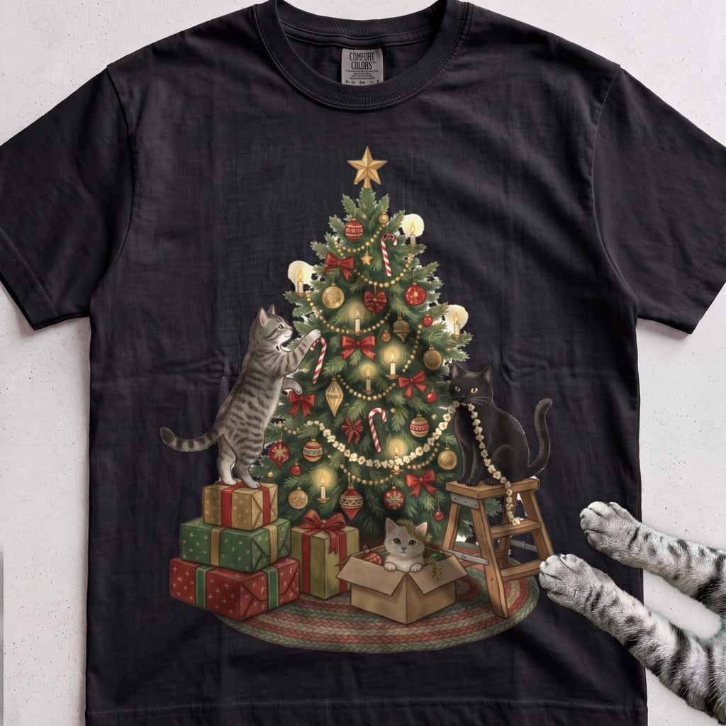 Trimming the Tree Cat T-Shirt - Black