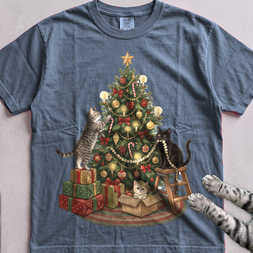 Trimming the Tree Cat T-Shirt - Blue Jean
