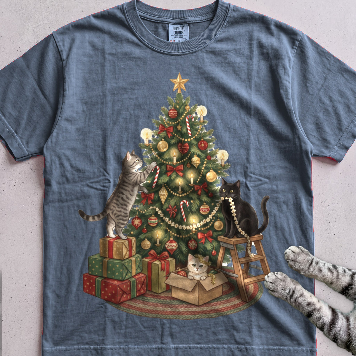 Trimming the Tree Cat T-Shirt - Blue Jean