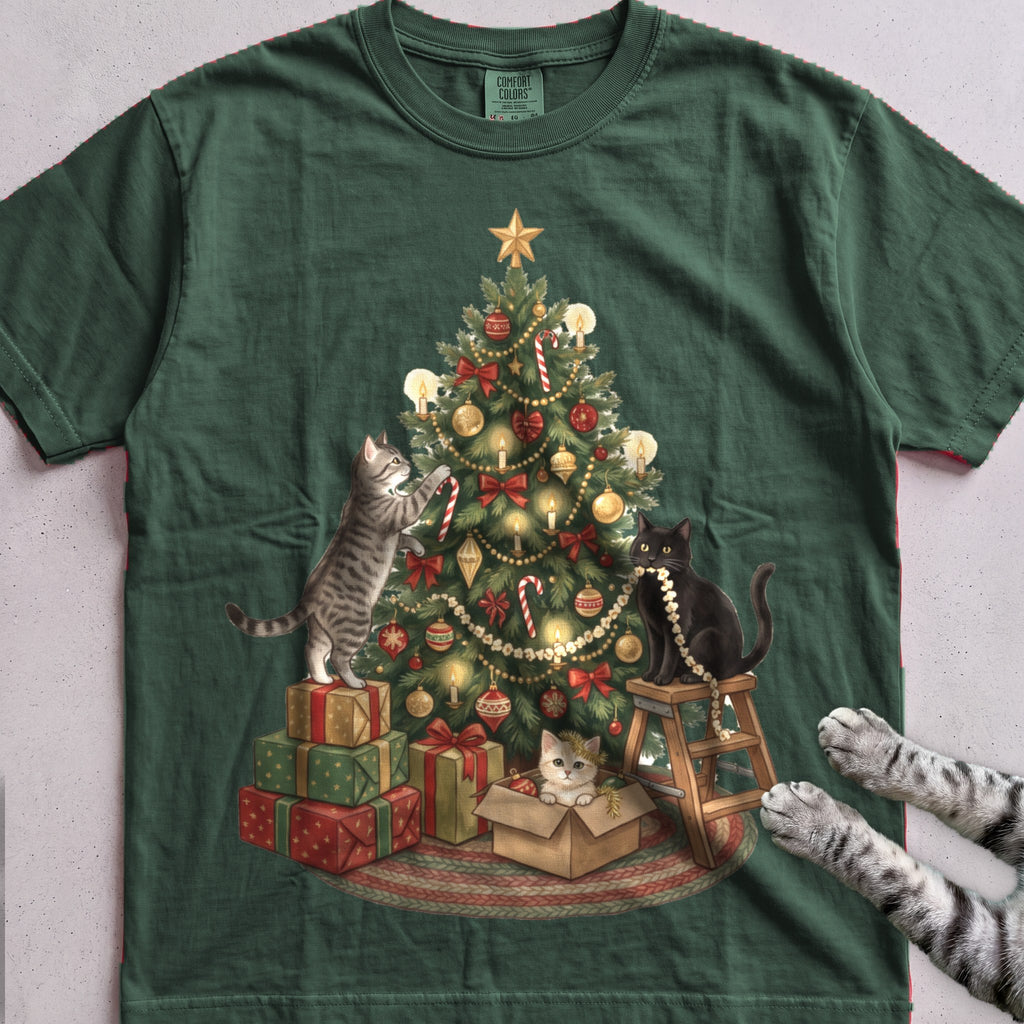 Trimming the Tree Cat T-Shirt - Blue Spruce