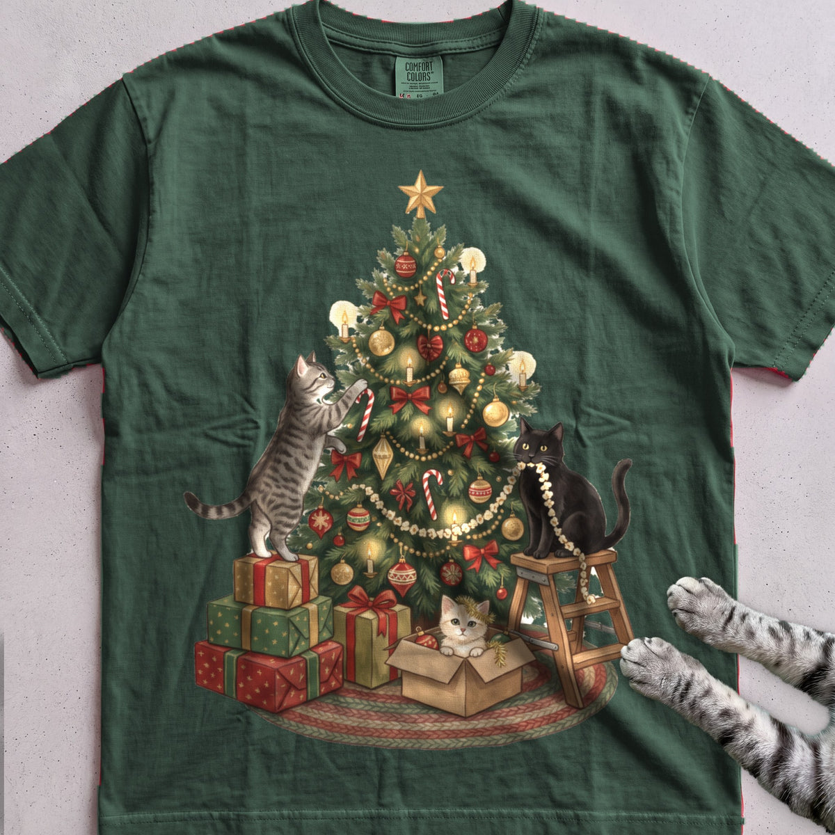 Trimming the Tree Cat T-Shirt - Blue Spruce