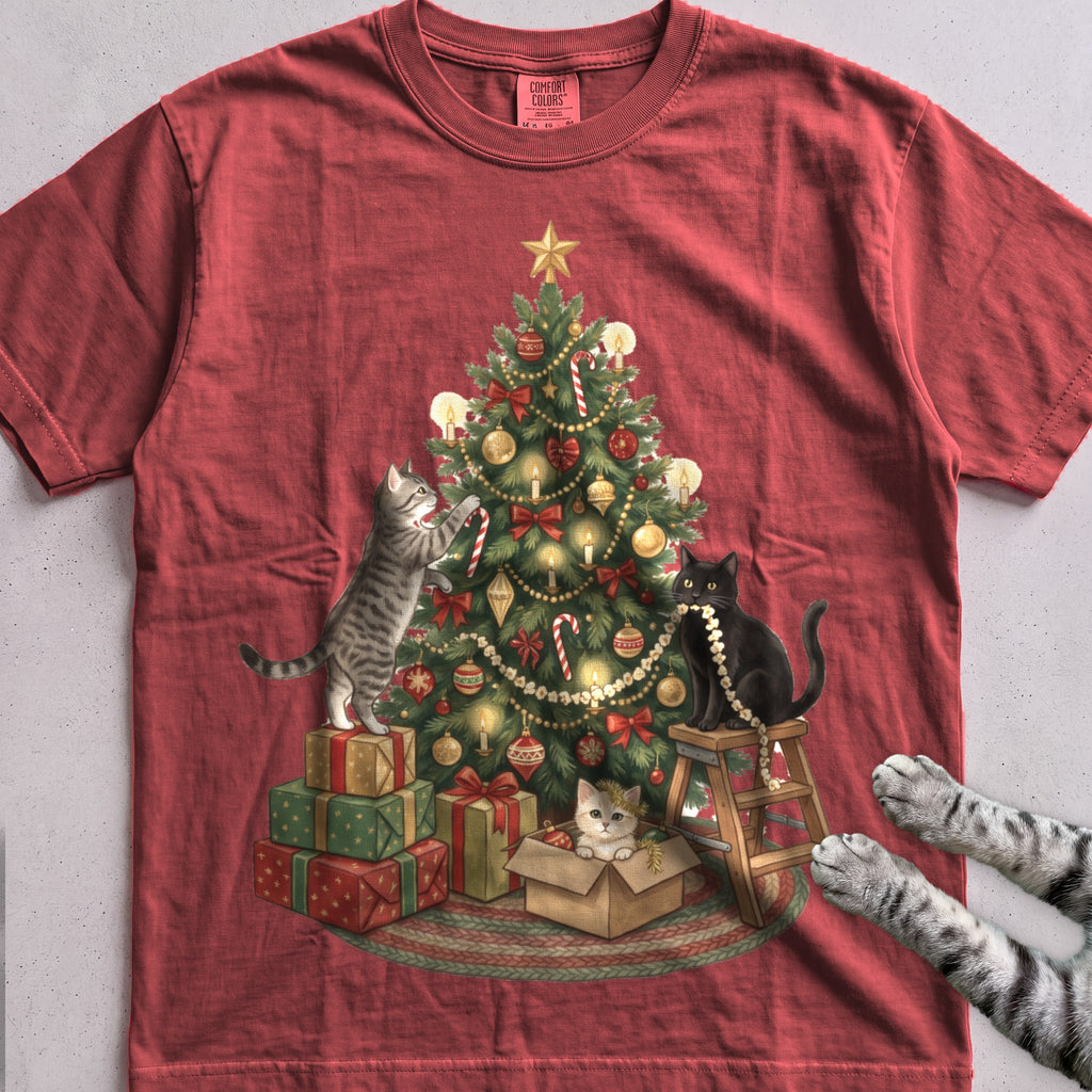 Trimming the Tree Cat T-Shirt - Crimson