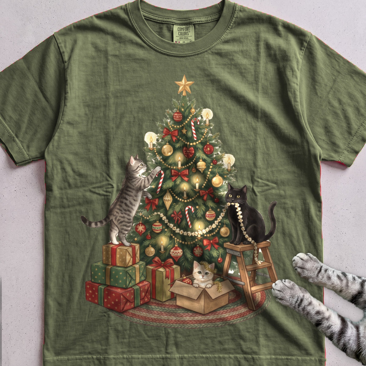 Trimming the Tree Cat T-Shirt - Hemp