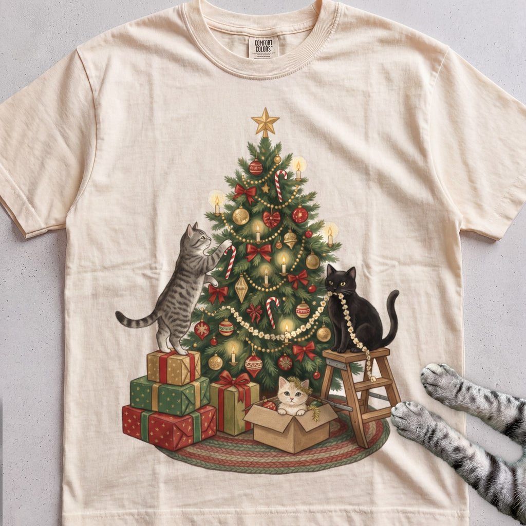 Trimming the Tree Cat T-Shirt - Ivory