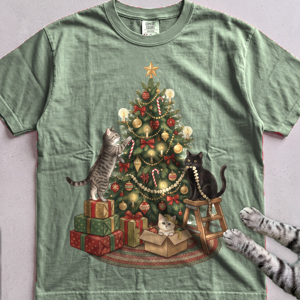 Trimming the Tree Cat T-Shirt - Light Green