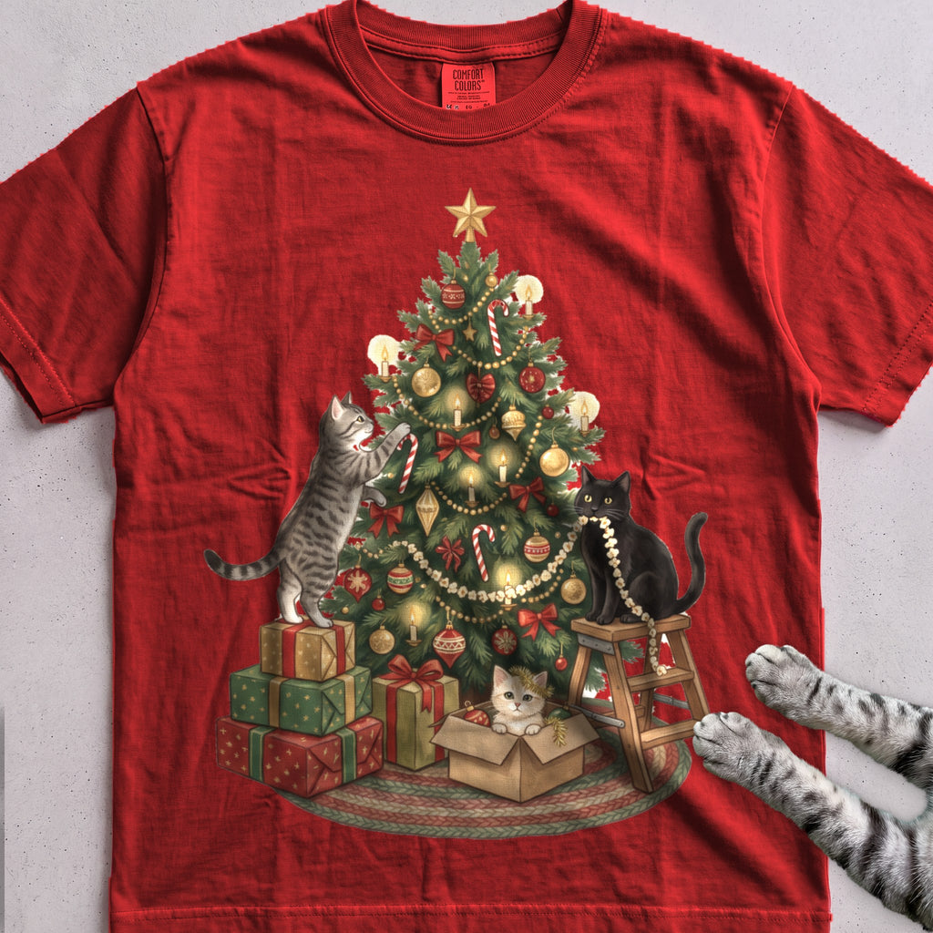 Trimming the Tree Cat T-Shirt - Red
