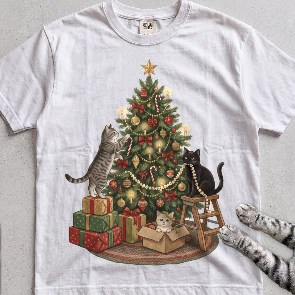 Trimming the Tree Cat T-Shirt - White