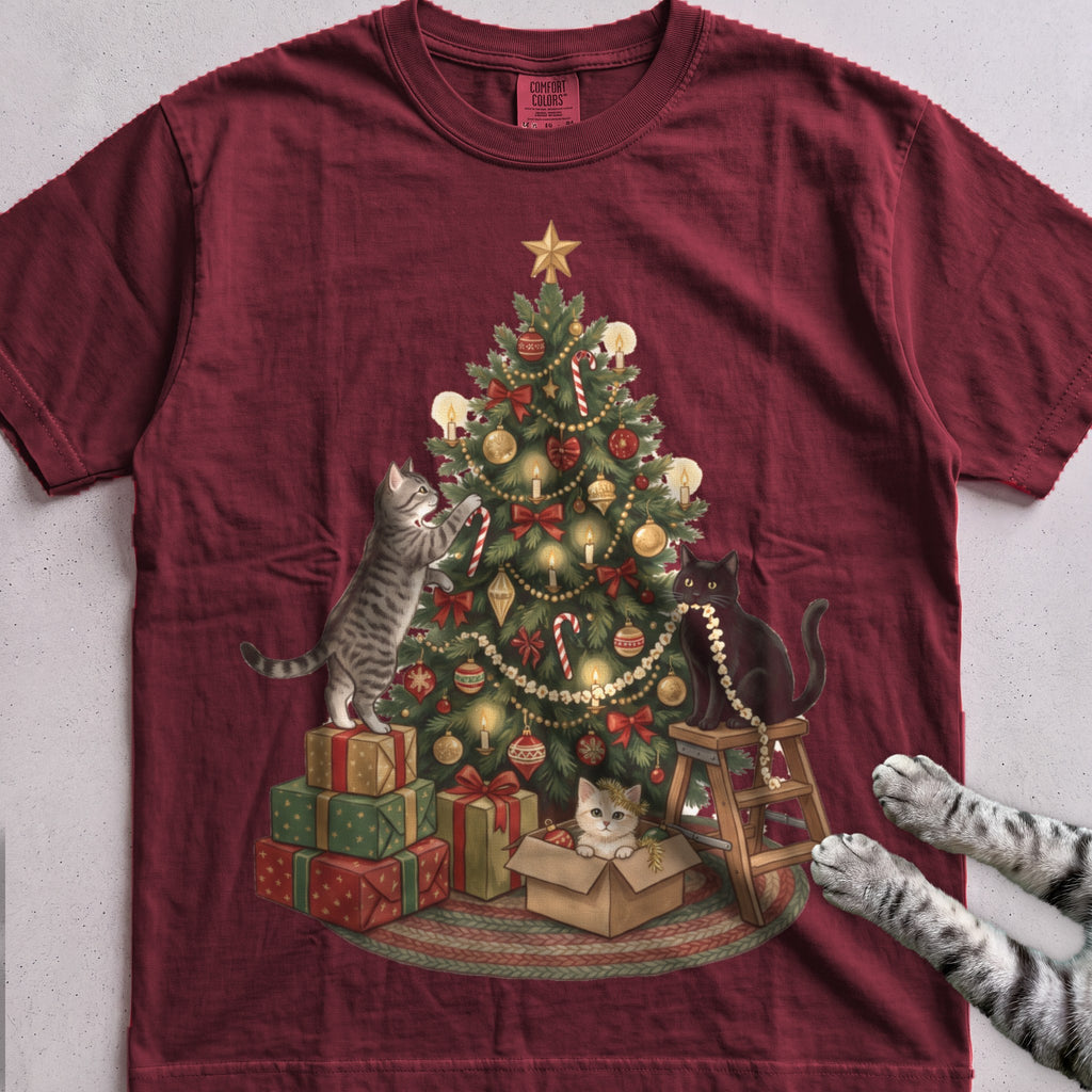 Trimming the Tree Cat T-Shirt - Wine