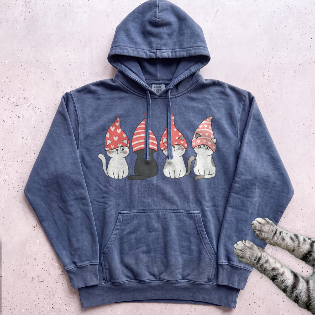 Valentine Gnome Cats Hoodie - Denim